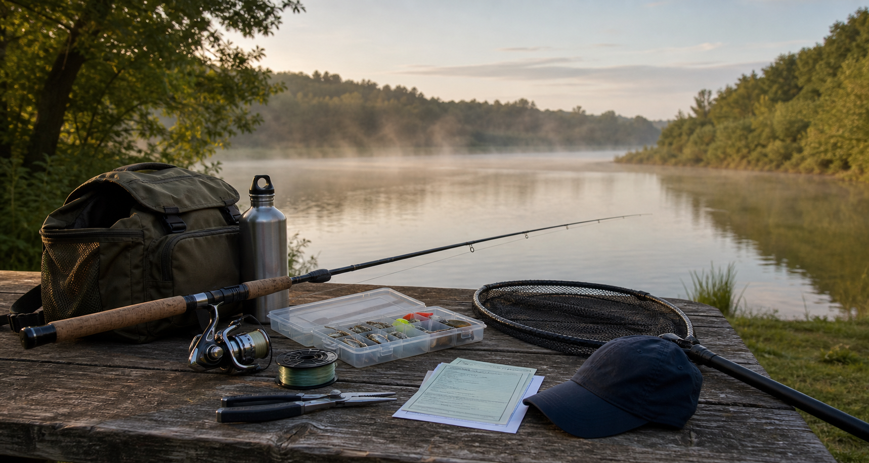 Equipo básico de pesca preparado para una jornada real al amanecer